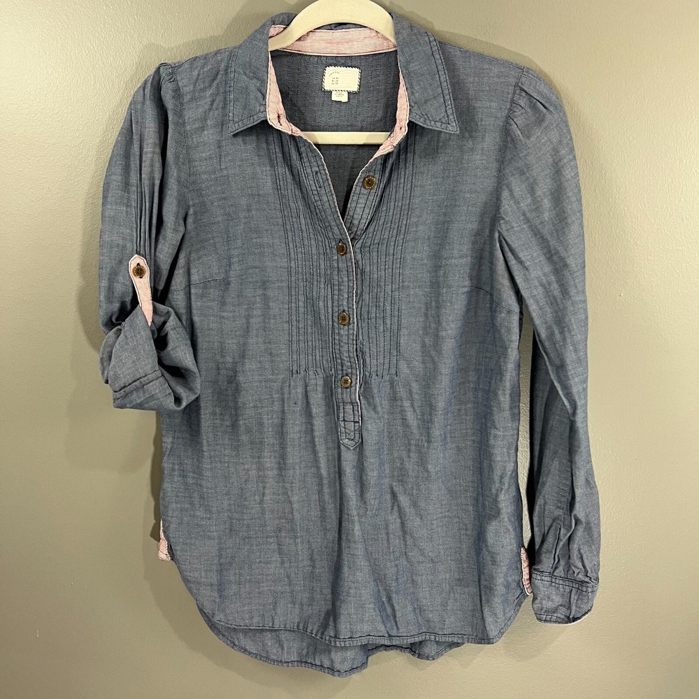 POSTMARK Anthropologie Chambray Pintuck Popover Shirt Roll Tab Sleeves Size 4